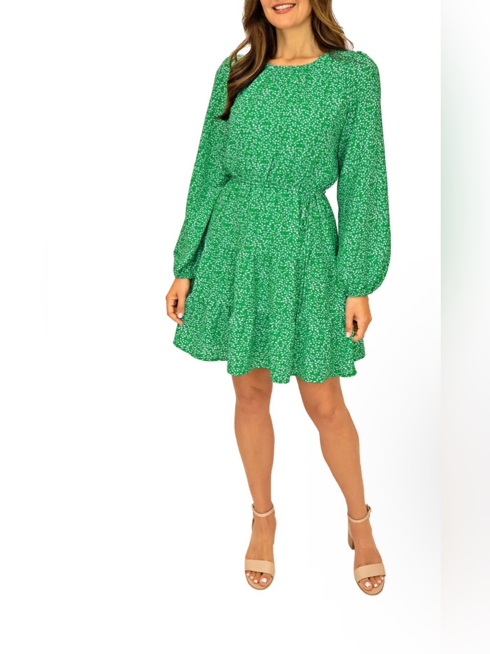 Draper James Green/White Floral A-Line Short Dress Long Balloon Sleeve S